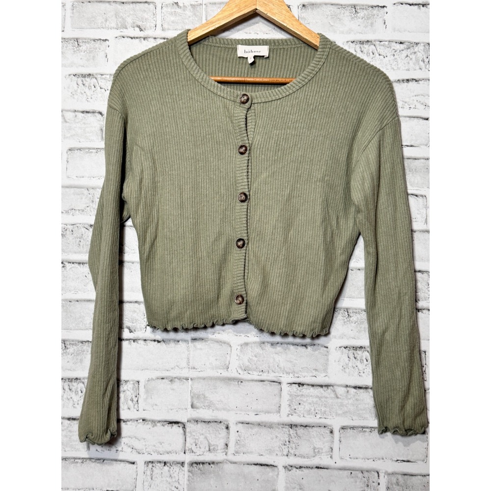 Bohme Sage Green Ribbed Cropped‎ Cardigan Lettuce Trim L7112SET Small NEW